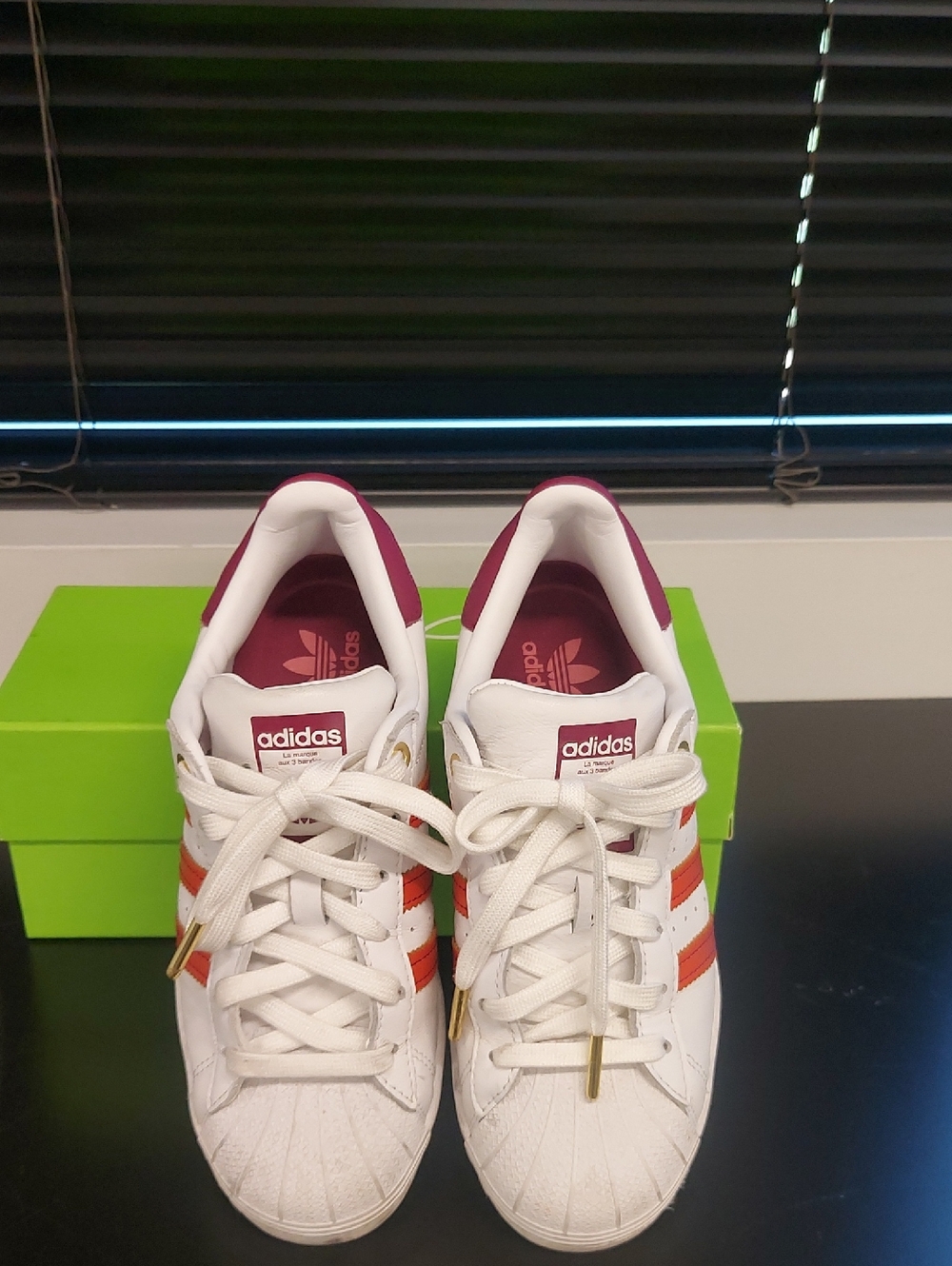 adidas White Sneakers with Orange Stripes & Burgundy Accents